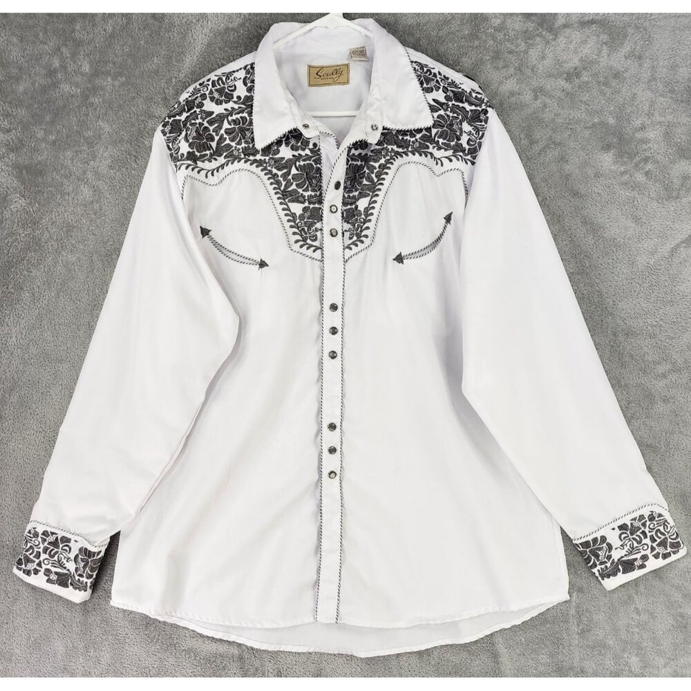 Scully Shirt Mens XXL White Silver Floral Embroidered Pearl Snap Western Vintage